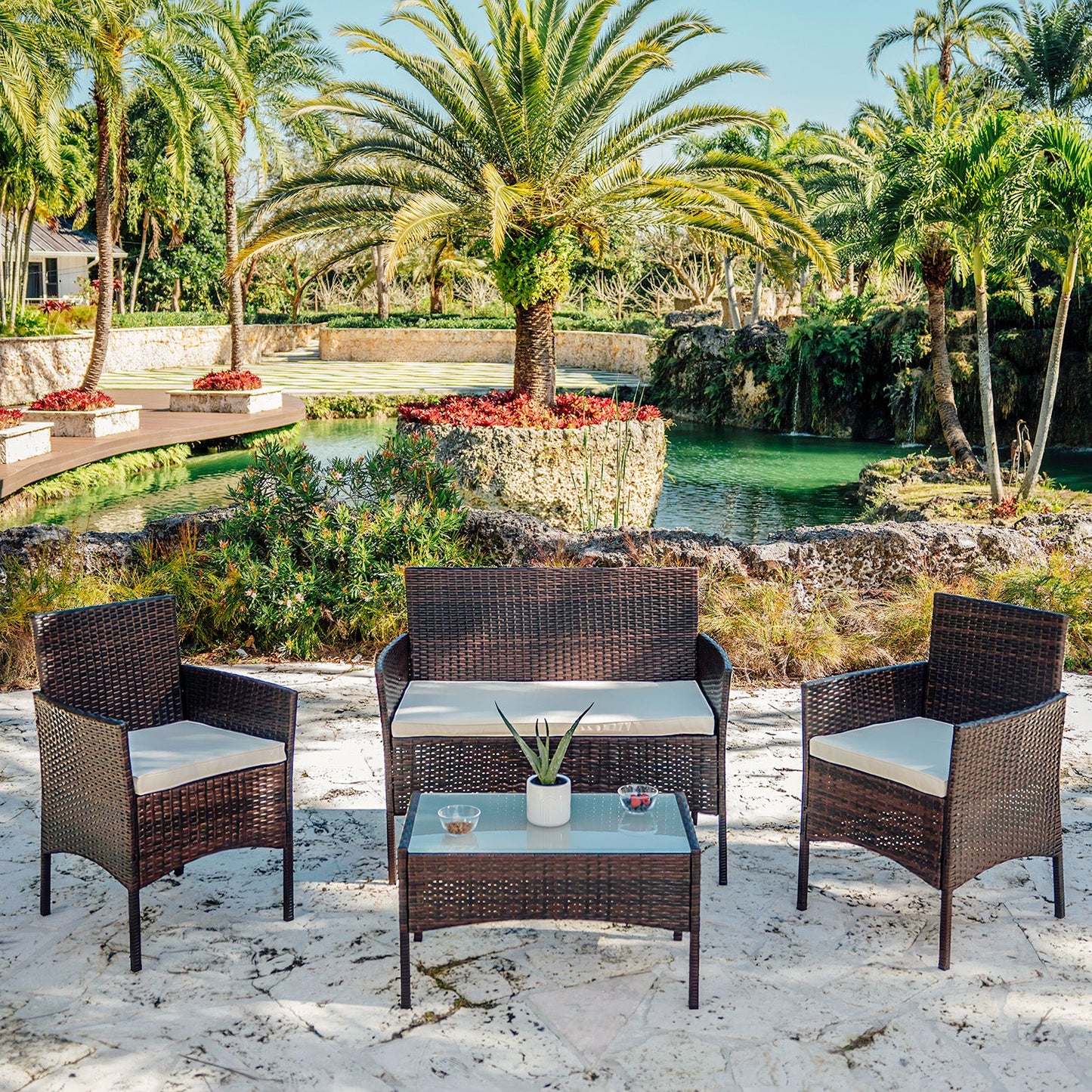 Sunscape 4 Piece Premium Patio Furniture Wicker Conversation Set