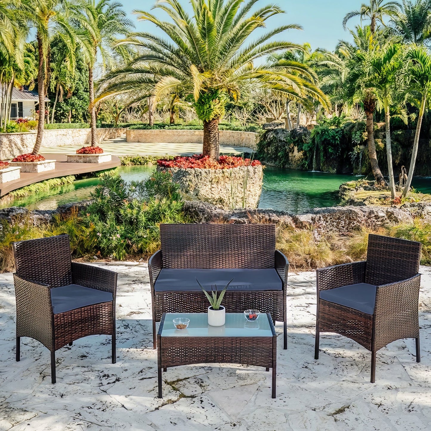 Sunscape 4 Piece Premium Patio Furniture Wicker Conversation Set