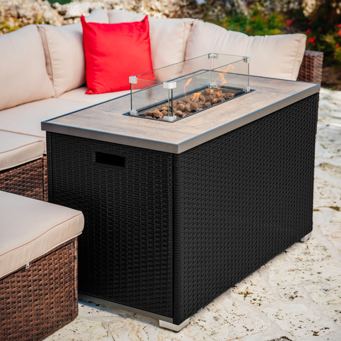 Sunscape 43" Fire Pit Table with Glass Shield with cover