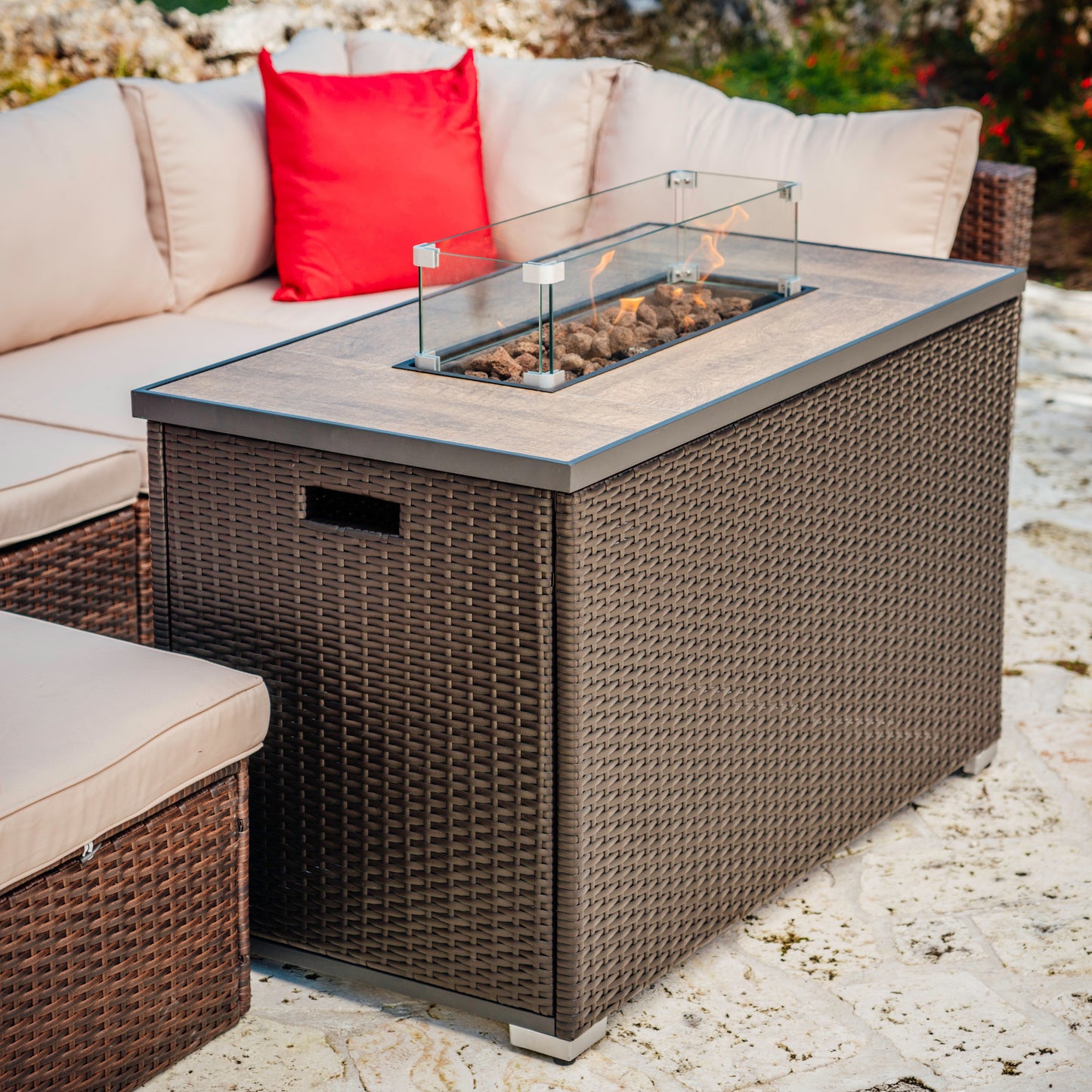 Sunscape 43" Fire Pit Table with Glass Shield with cover