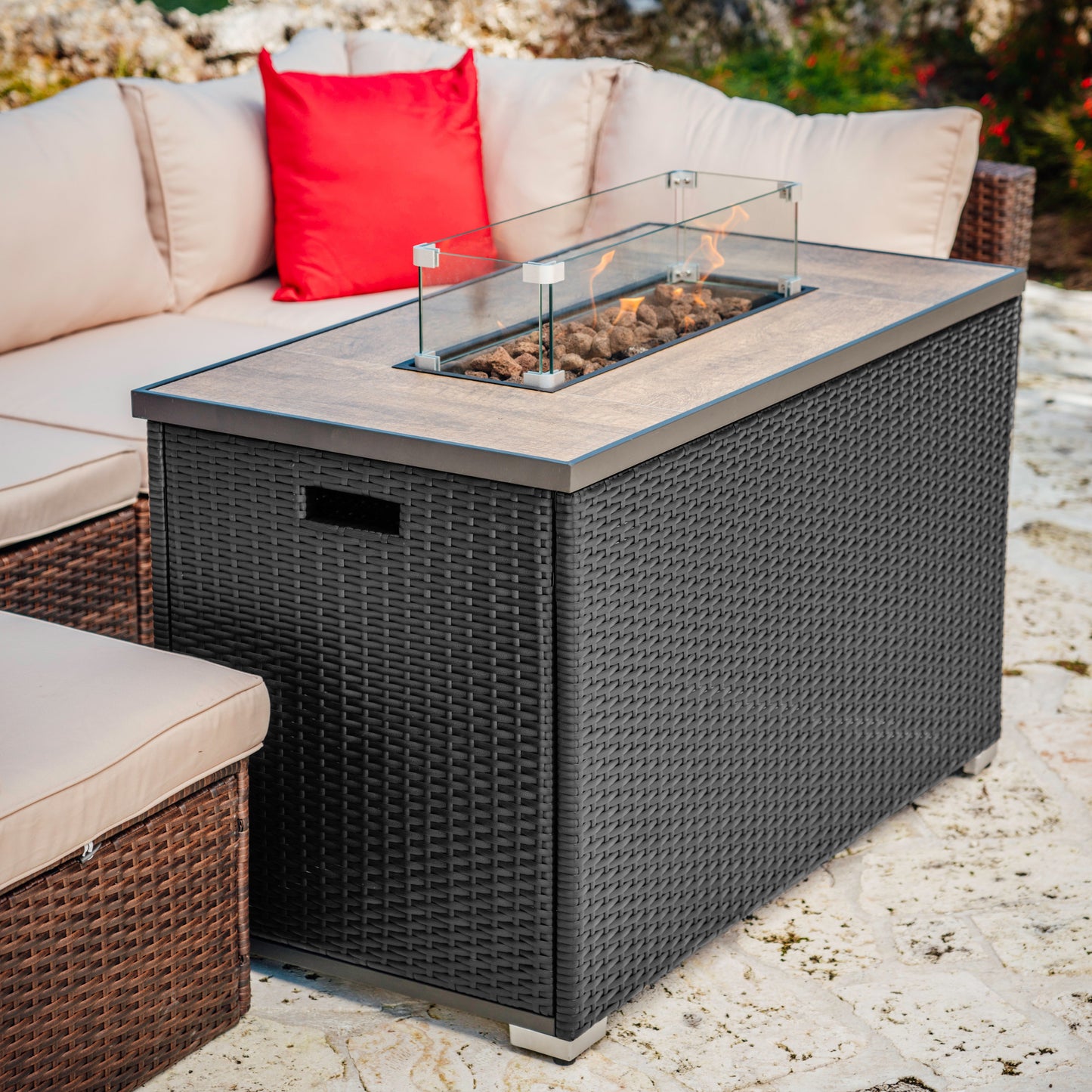 Sunscape 43" Fire Pit Table with Glass Shield with cover